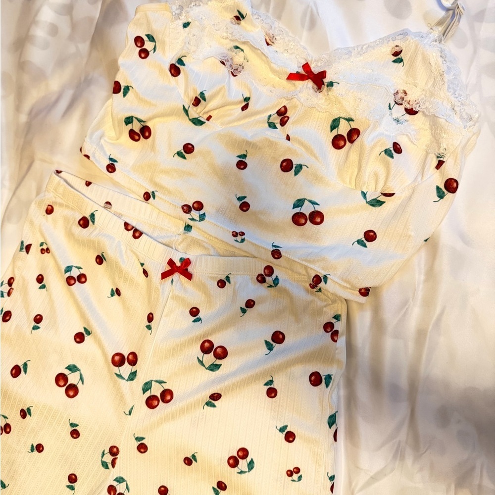 Cherry Print Lace Pajama Set – Size L